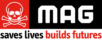 MAG logo with a white skull and crossbones on a red background, and the text "MAG saves lives builds futures" in black and red lettering.