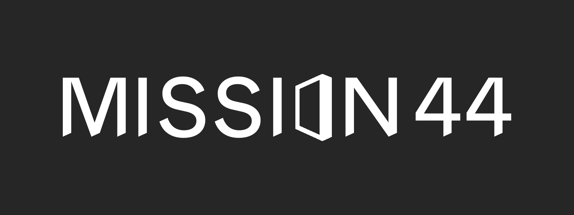 White text logo "MISSION 44" on a black background, with the second "I" stylized as a geometric shape.