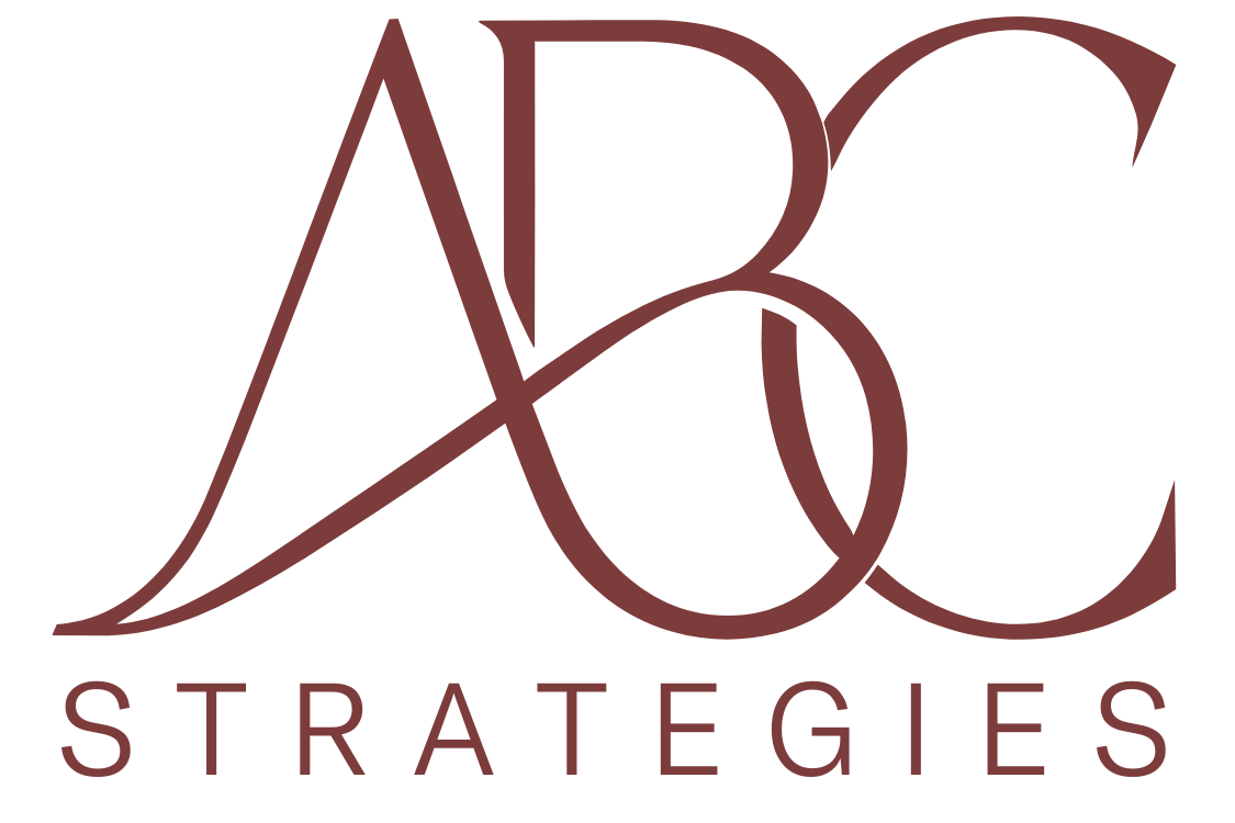 Logo for "ABC Strategies" with large, stylized letters "ABC" above the word "STRATEGIES" in uppercase, all in a dark red color on a light background.